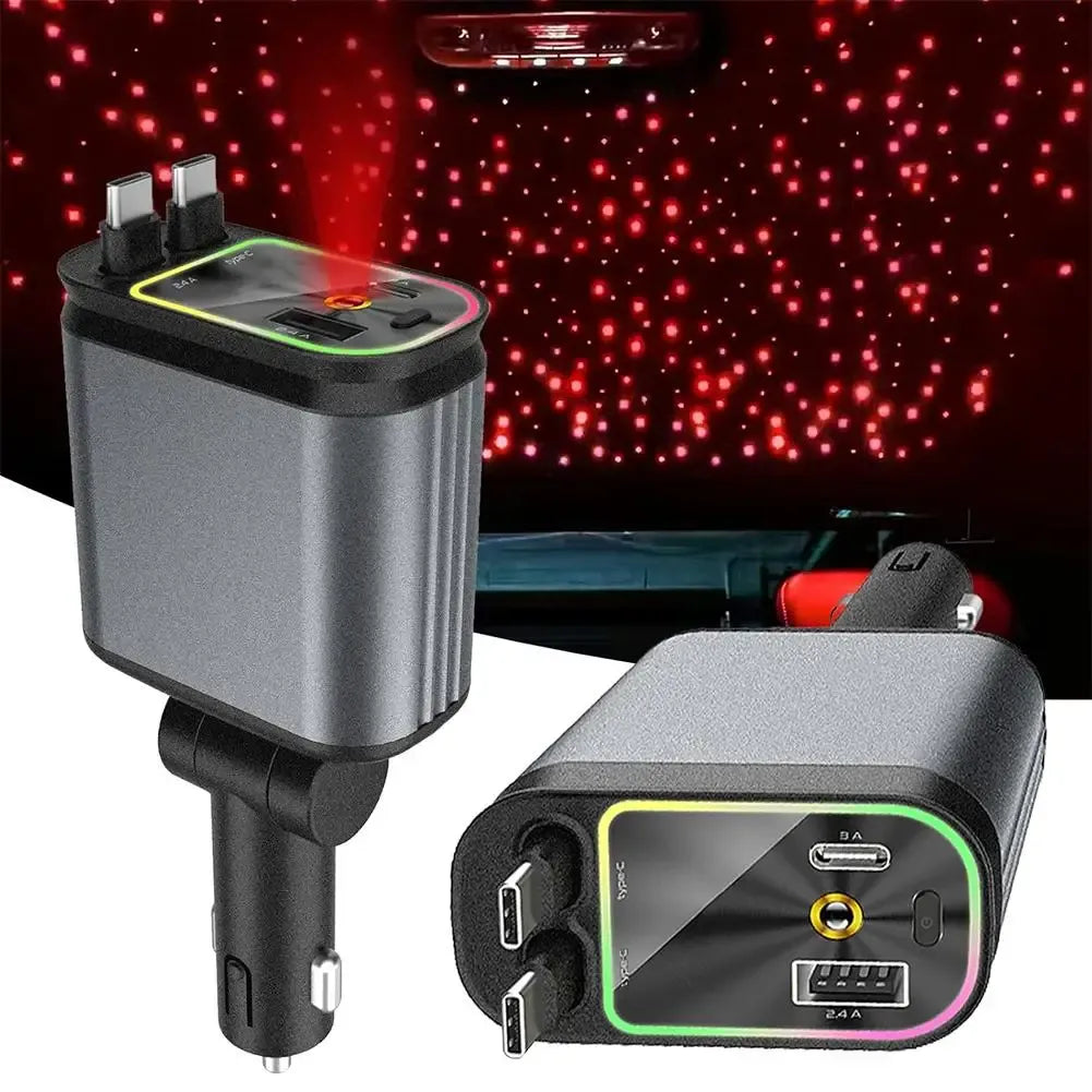 Car charger with starlight projector attachment on a dark background