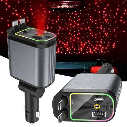 Car charger with starlight projector attachment on a dark background