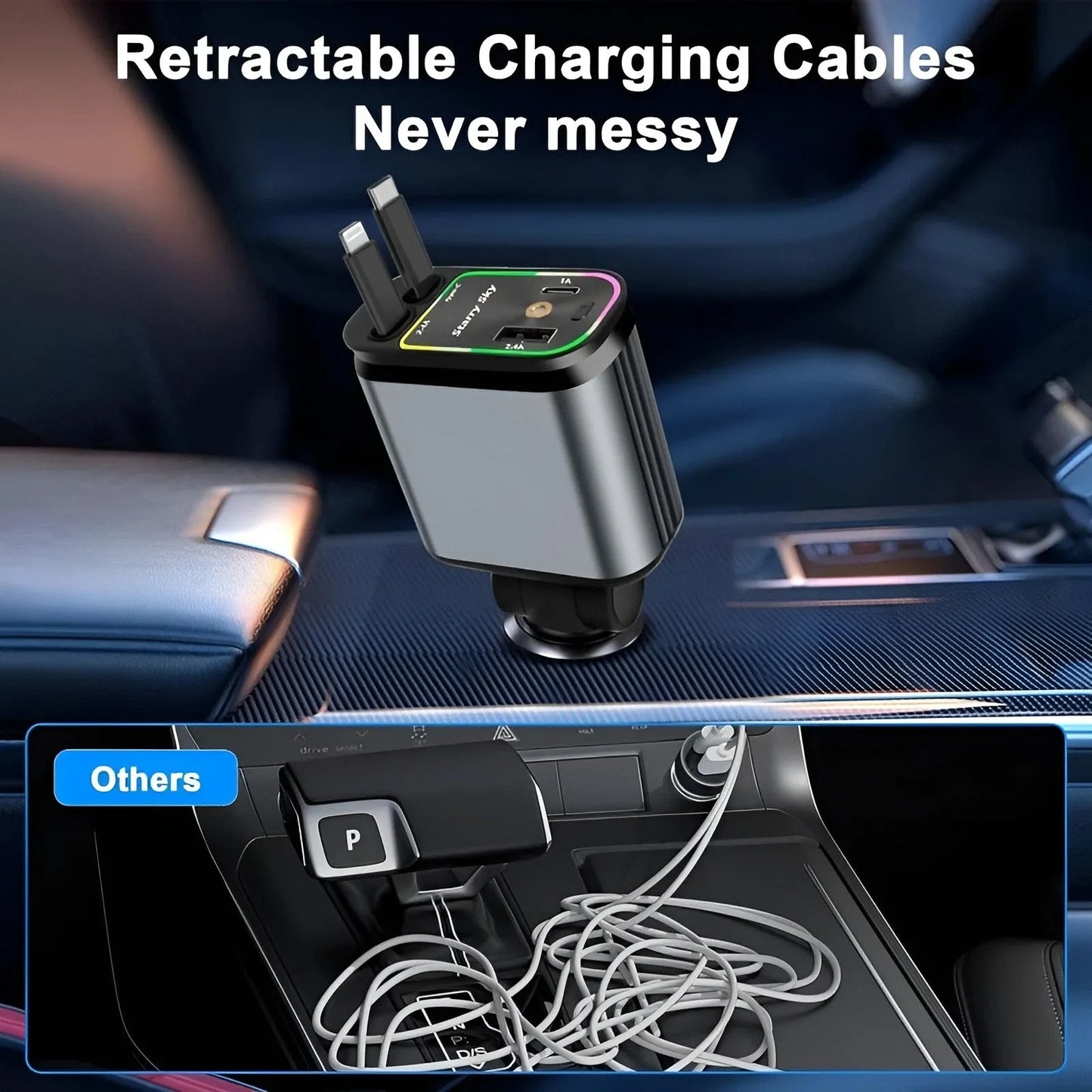 Retractable charging cable device in a car cup holder with a comparison of messy vs. organized cables.