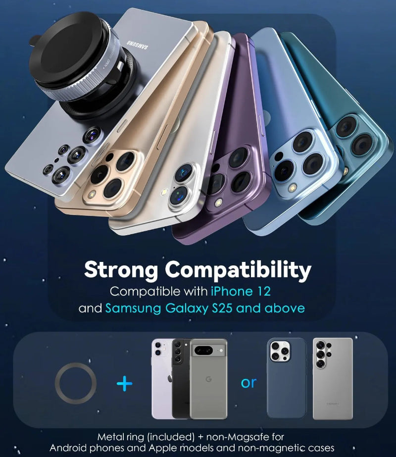 Smartphone case with metal ring and non-magnetic design compatibility with Apple and Samsung devices on a dark blue background.