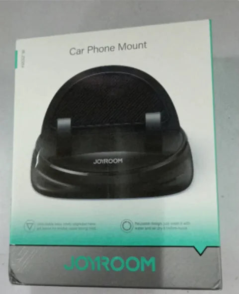 A black GripMax Universal Car Phone Holder with an anti-slip silicone pad, compatible with various smartphone models.