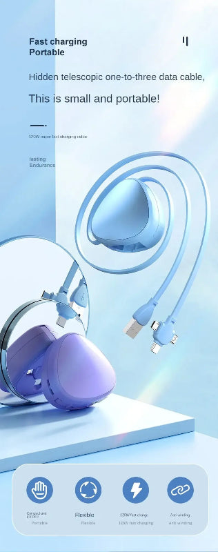 Light blue and purple device with charging cable on a white background