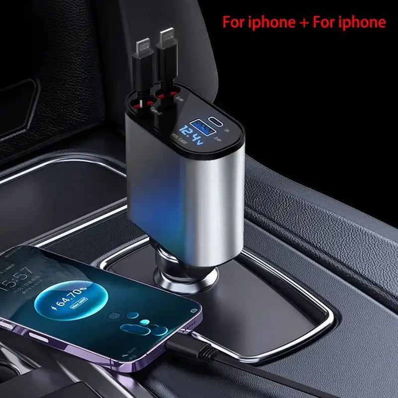 A retractable car charger with a digital display showing the charging status, plugged into a iphone + iphone