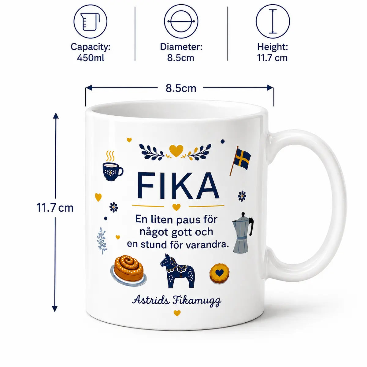 White mug with 'FIKA' text and illustrations, shown with measurements on a white background