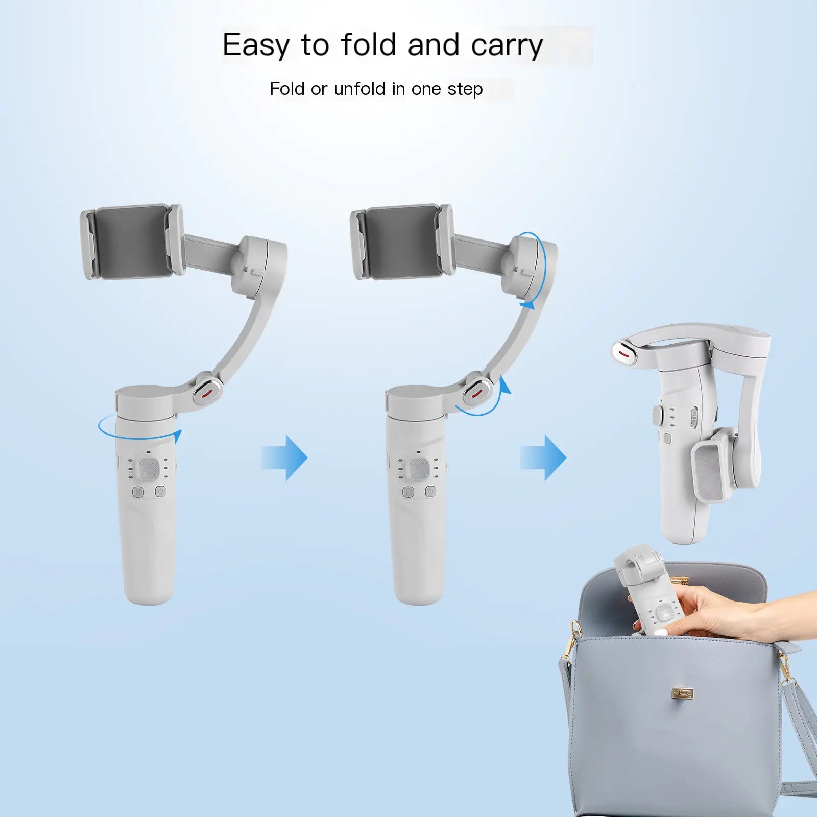 Handheld device with a folding mechanism, shown being folded and placed into a bag.