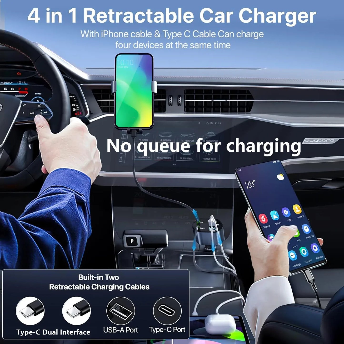 4-in-1 retractable car charger in a car dashboard with two smartphones being charged.