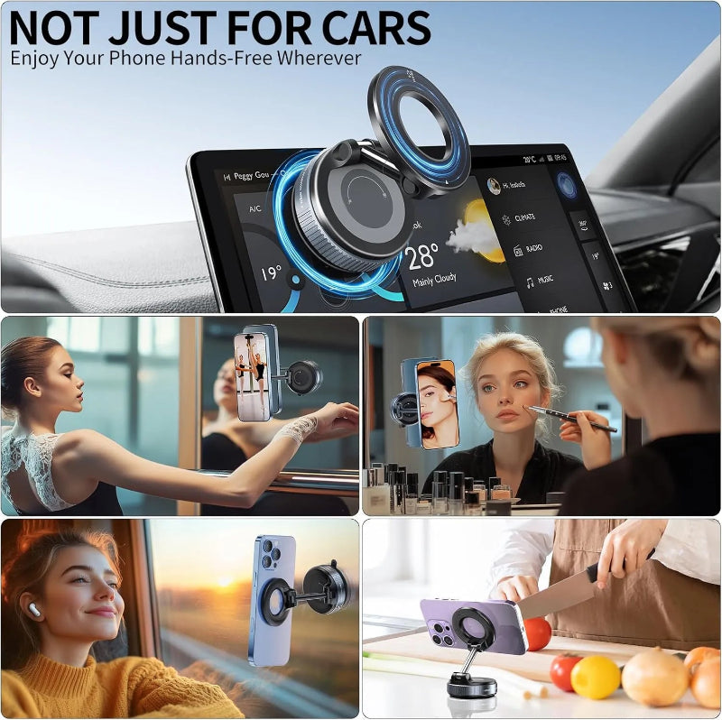 Collage of a phone holder with various uses including car dashboard, mirror, and desk.