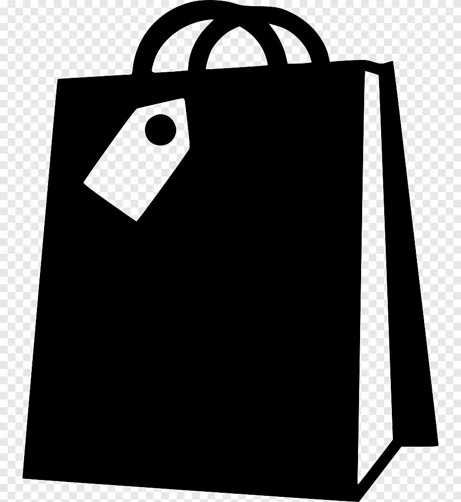 Black shopping bag with a white tag on a transparent background