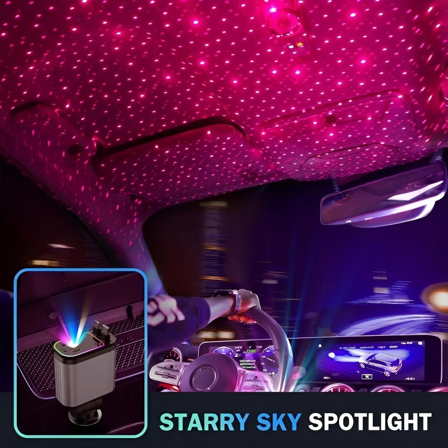Car interior with starry sky lighting effect and spotlight device.
