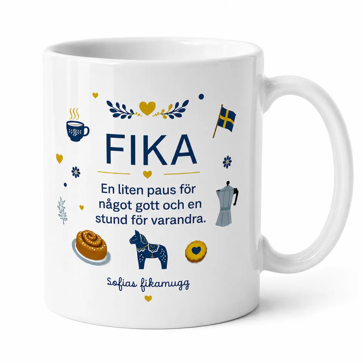 White mug with 'FIKA' text and Swedish design elements on a white background