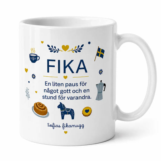 White mug with 'FIKA' text and Swedish design elements on a white background