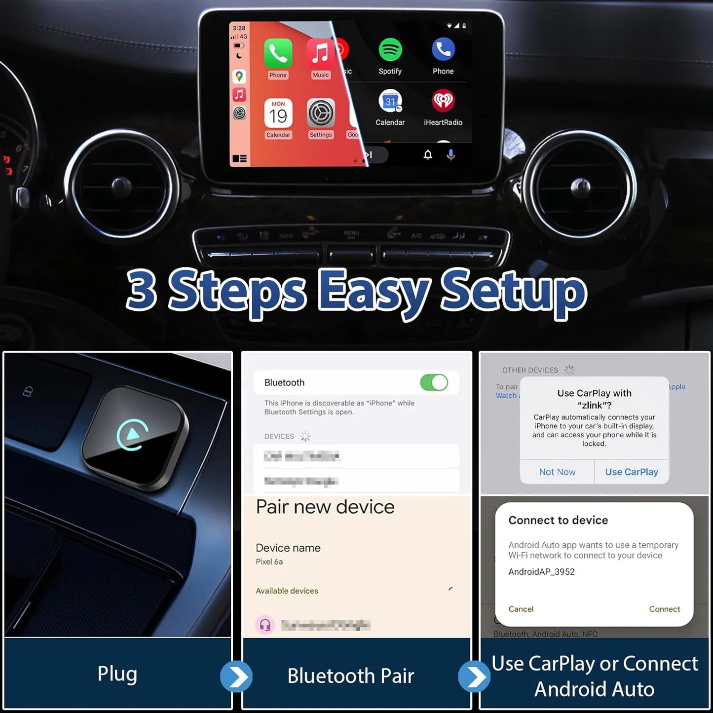 Car dashboard with a touchscreen display and step-by-step setup instructions.