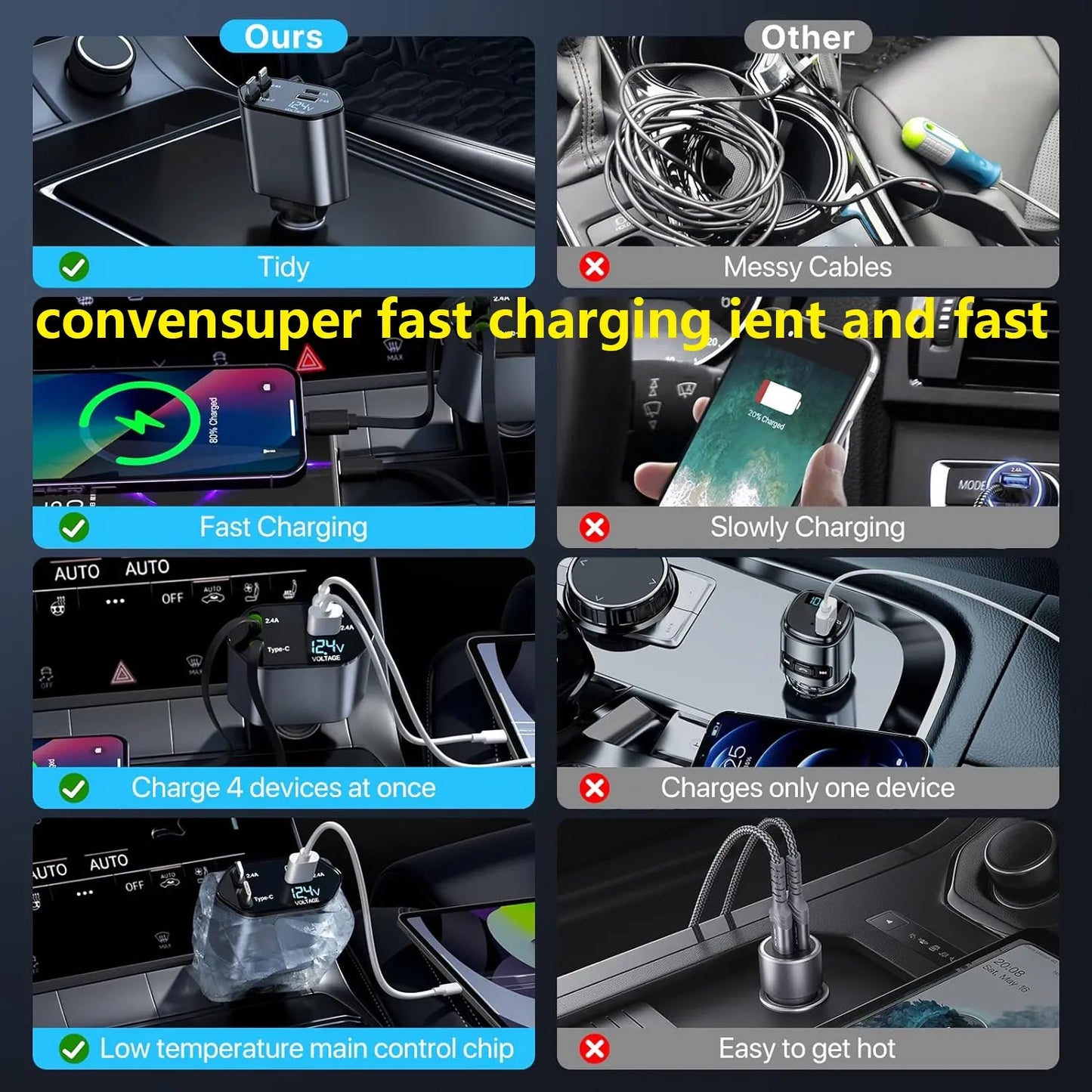 Comparison of a tidy and efficient car charging system with messy cables and slow charging issues.