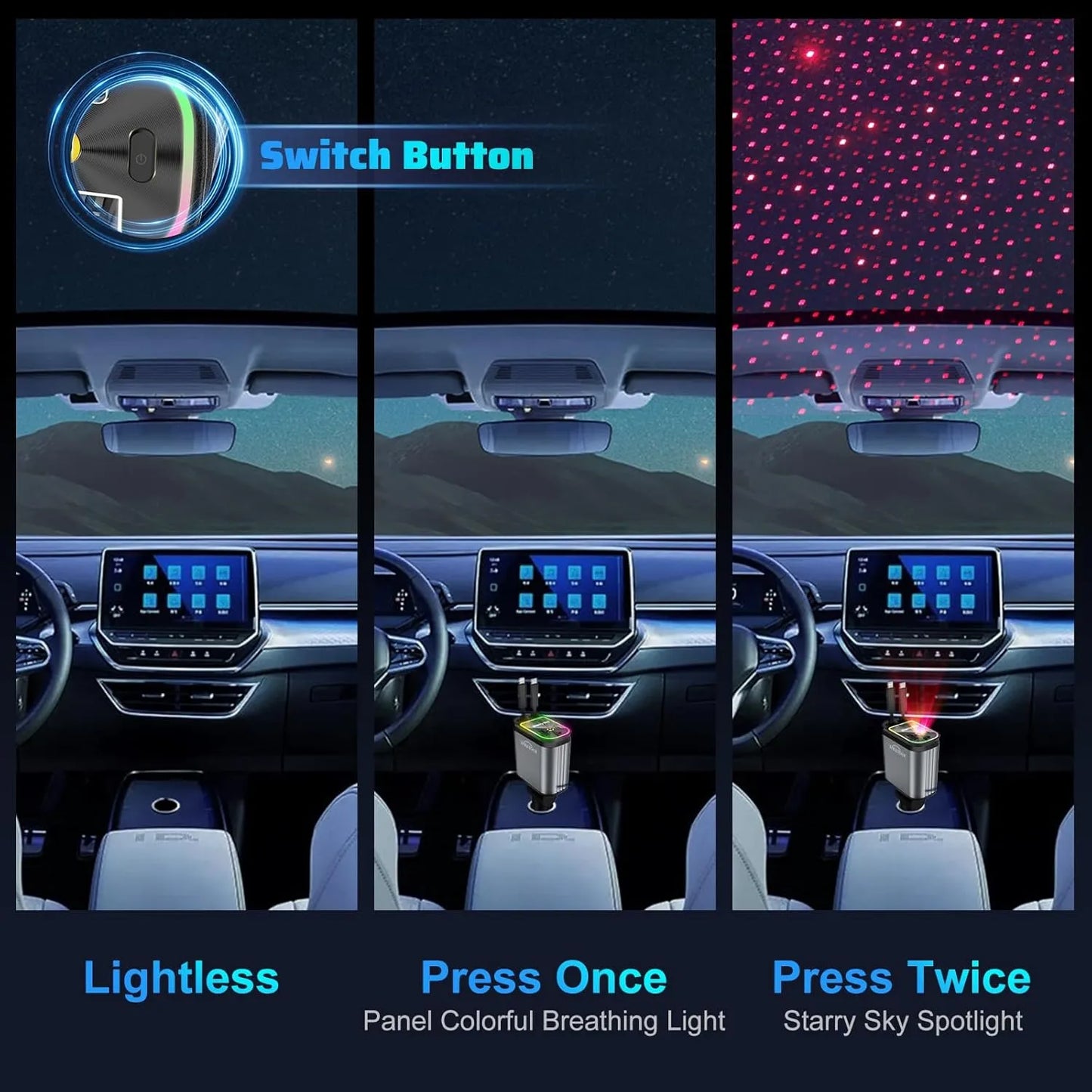 Collage of a car interior with different lighting effects and switch button illustration.