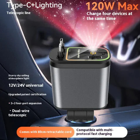 Charge 4 devices with 120W fast charging and starry sky lighting.