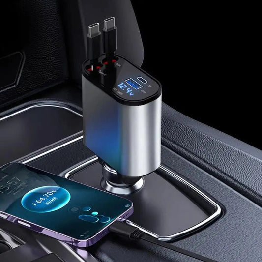 A retractable car charger with a digital display showing the charging status, plugged into a smartphone which is placed on the charging port, with a USB Type-C cable attached to the charger.
